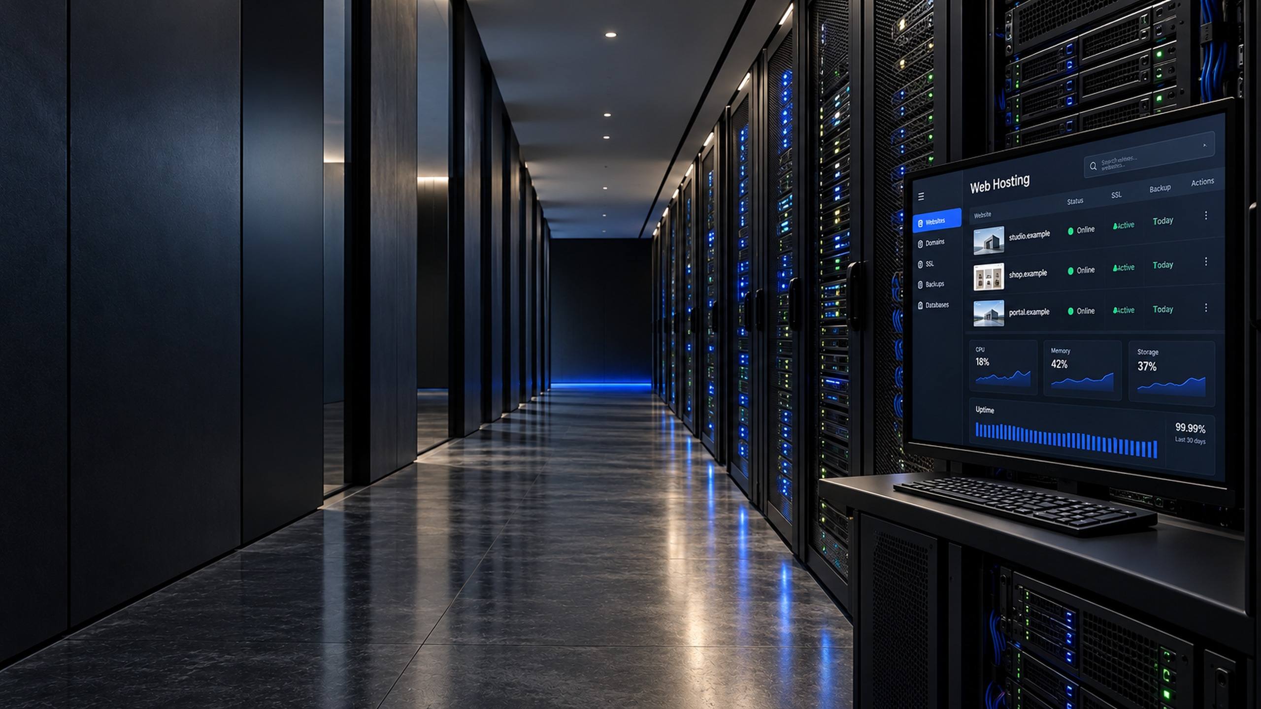 Corredor escuro de data center com racks e um monitor mostrando o painel de hospedagem de sites