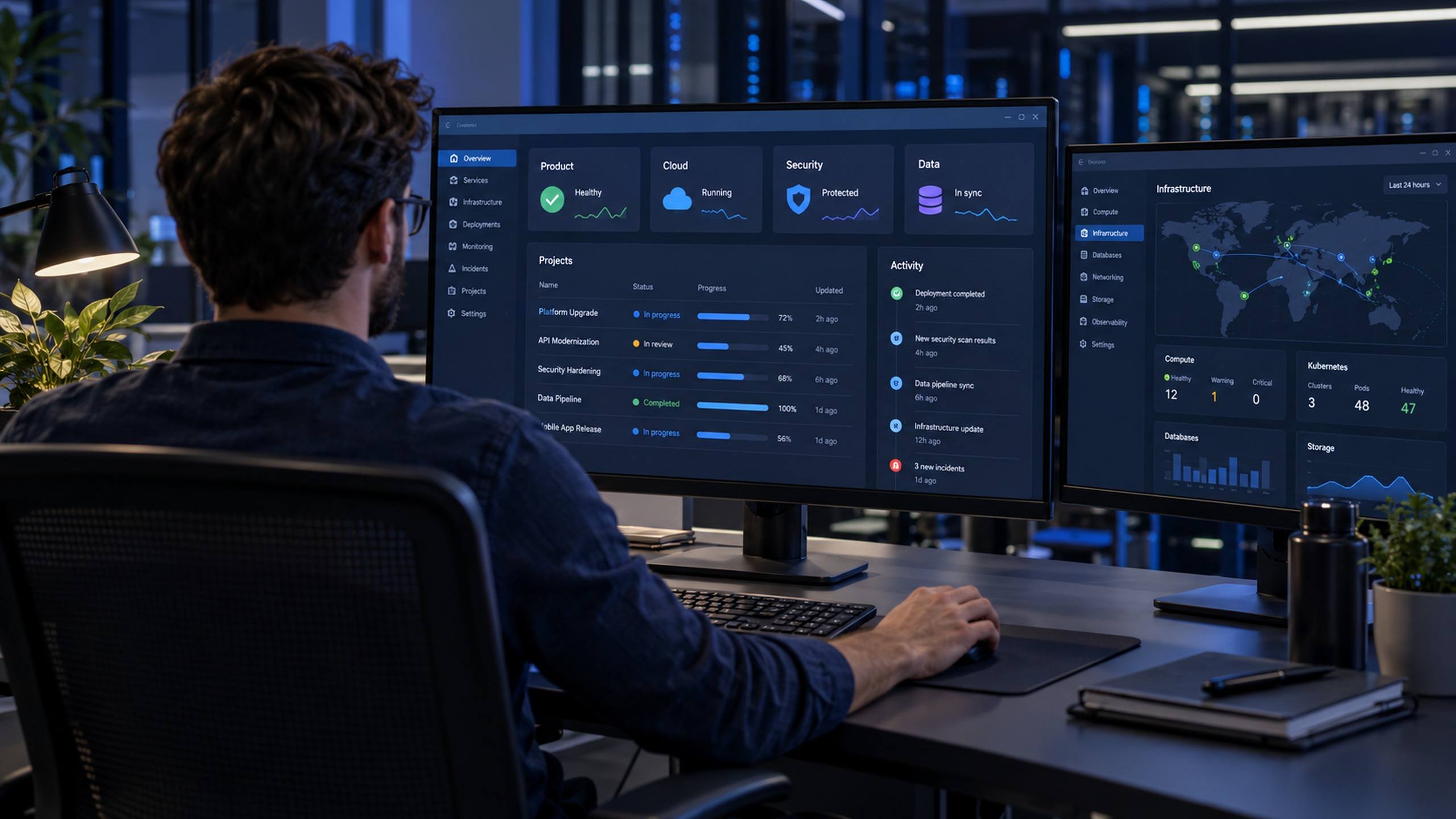 Profissional de costas diante de monitores com o painel de operação, com status de produto, cloud, segurança e dados e a lista de projetos em andamento