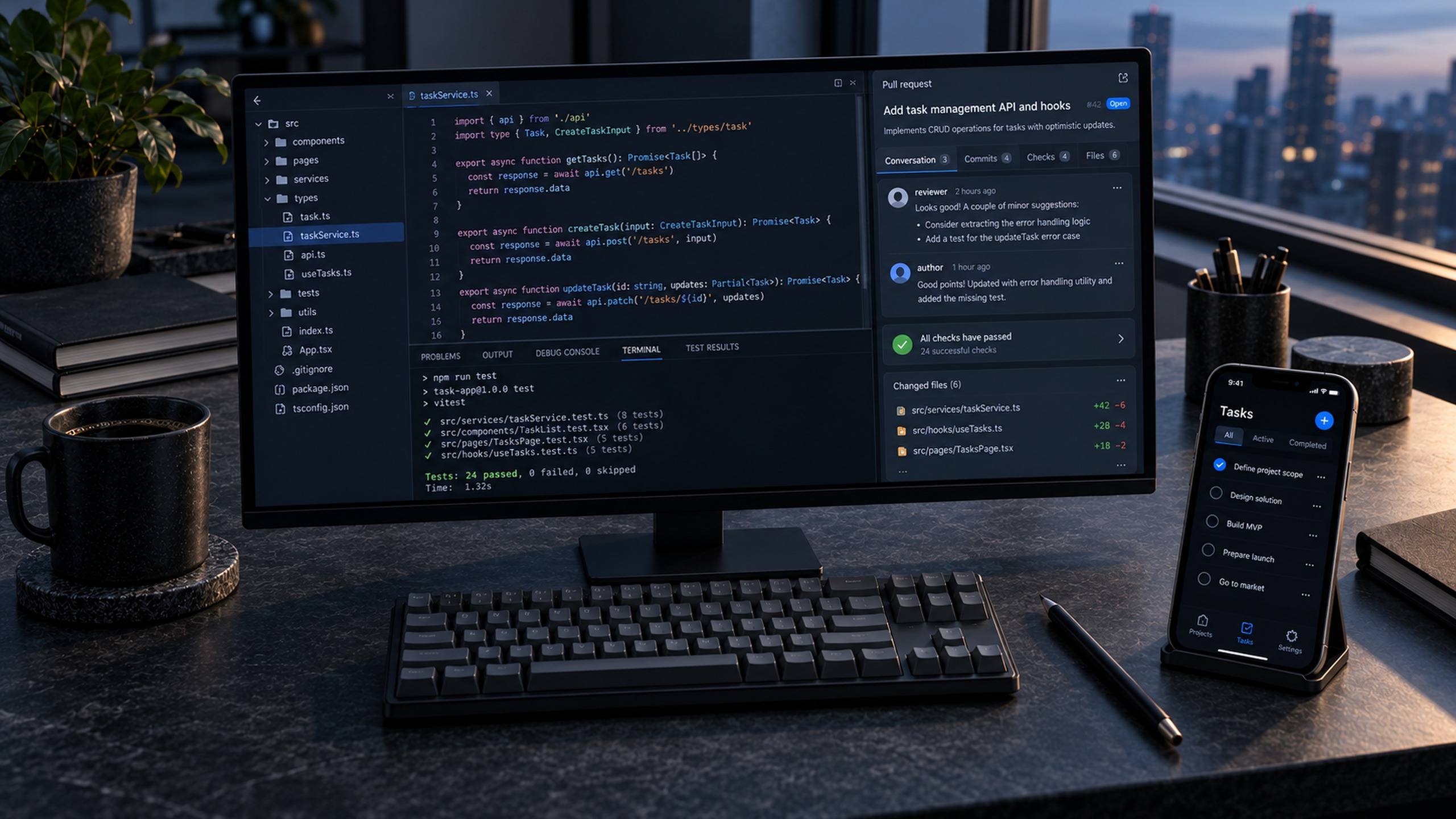 Monitor com editor de código, testes passando e revisão de pull request, ao lado de um celular com o aplicativo