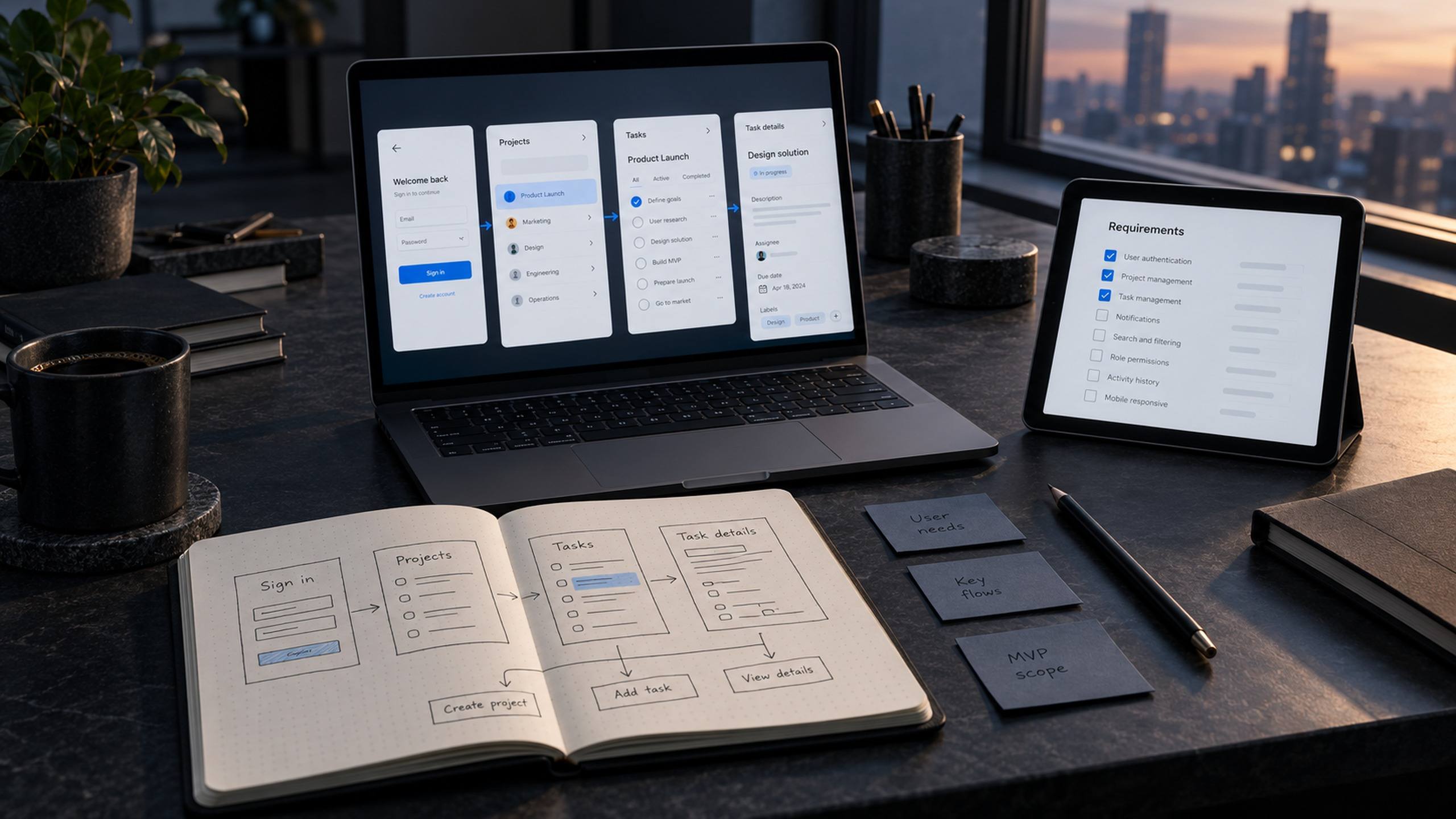 Caderno com esboço do fluxo de um aplicativo, notebook com a jornada do usuário e tablet com a lista de requisitos