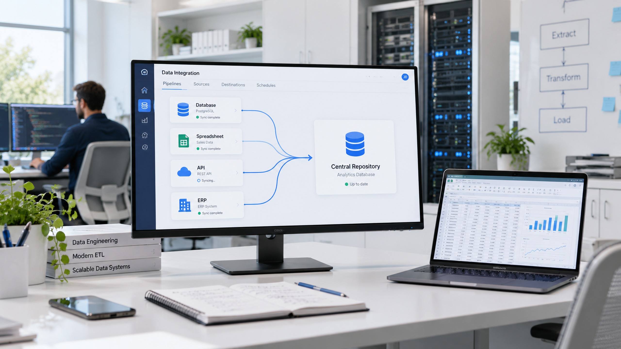 Monitor com diagrama de integração que reúne bancos de dados, planilhas, APIs e sistemas em um único repositório