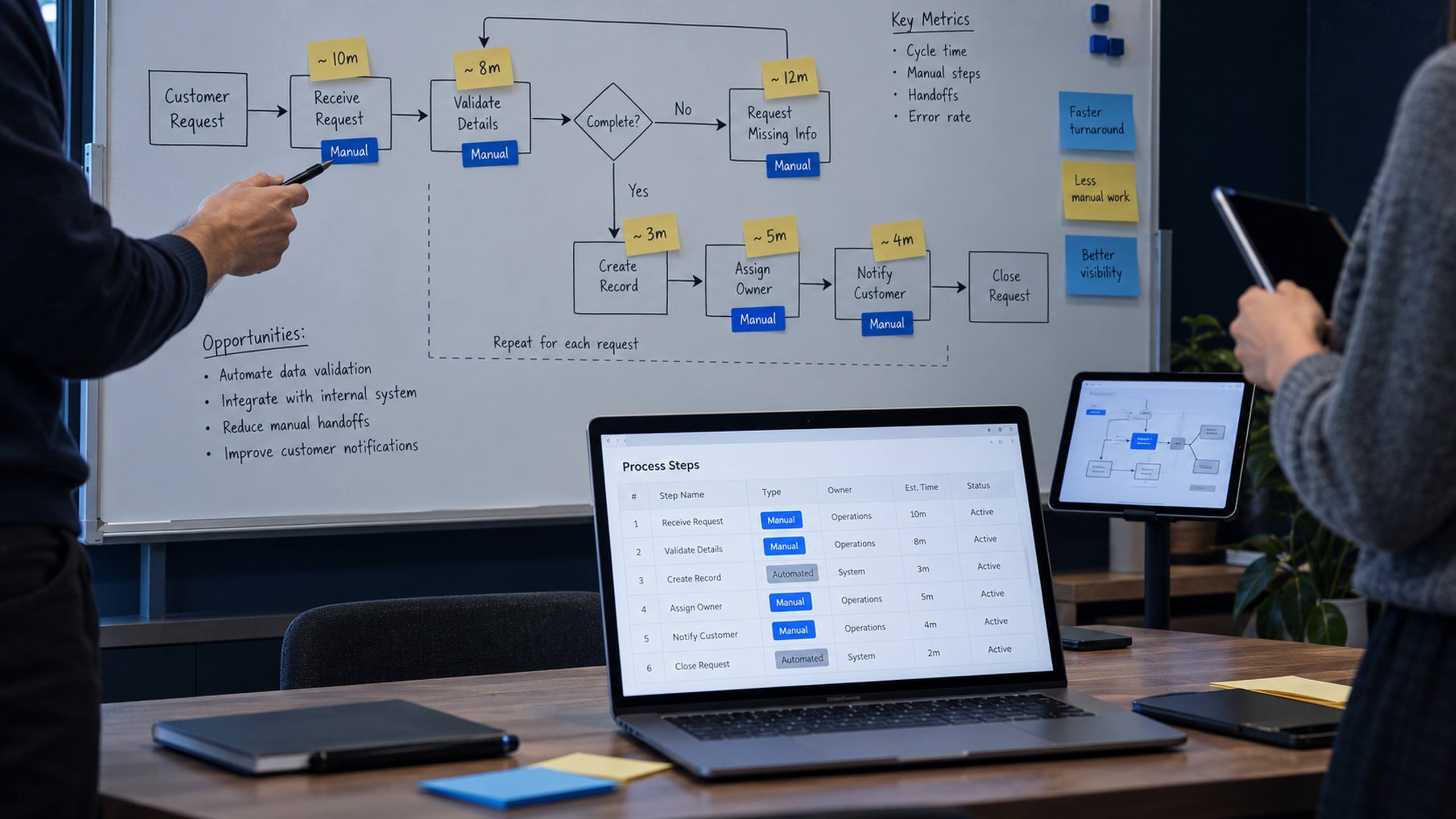 Equipe diante de um quadro branco com o mapa de um processo e as etapas repetitivas marcadas, com notebook e tablet na mesa