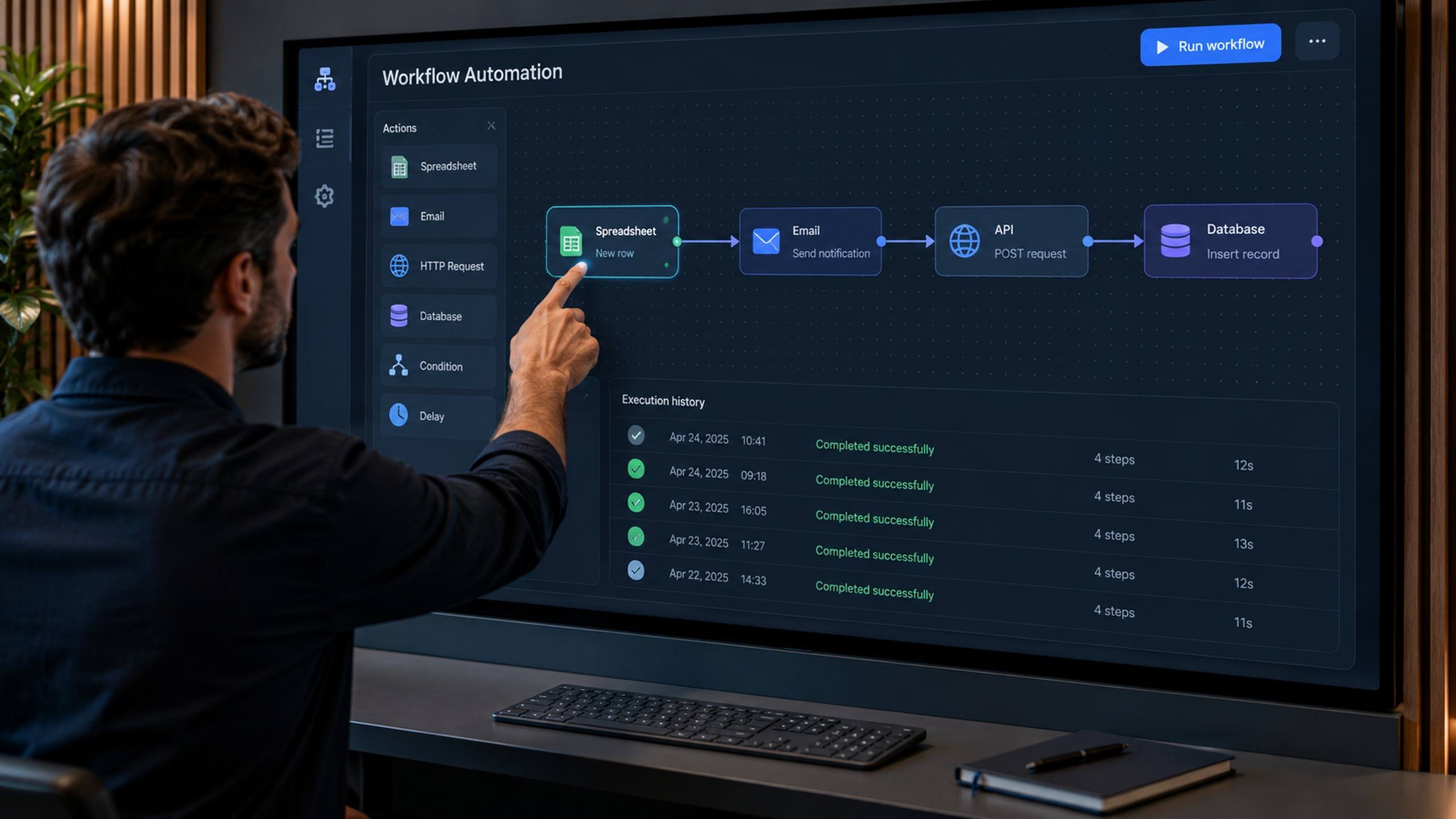 Editor de fluxo de automação que conecta sistemas, planilha, e-mail e API