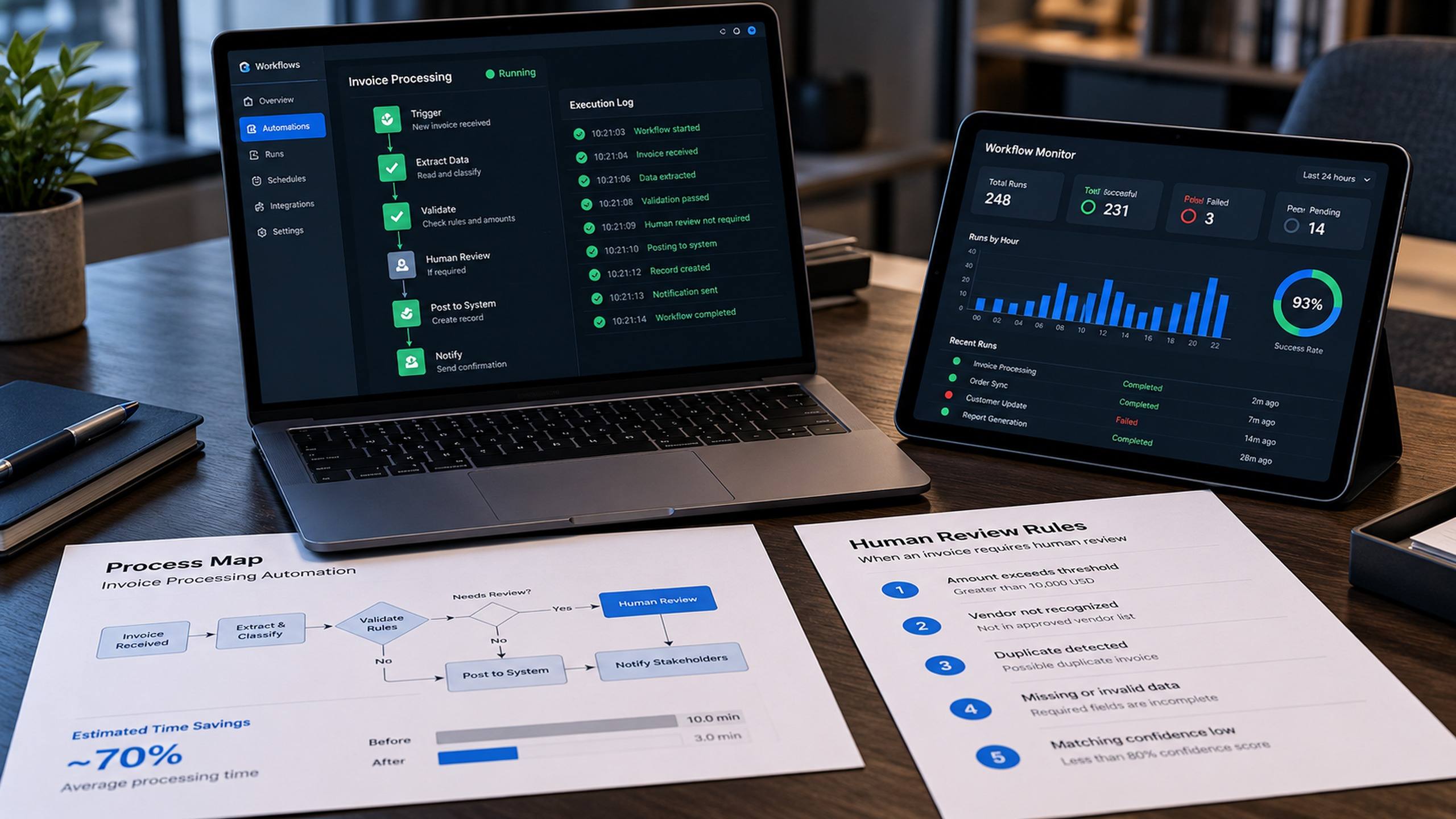 Notebook com fluxos automatizados, regras de revisão humana e log de execuções, com documentos impressos ao lado