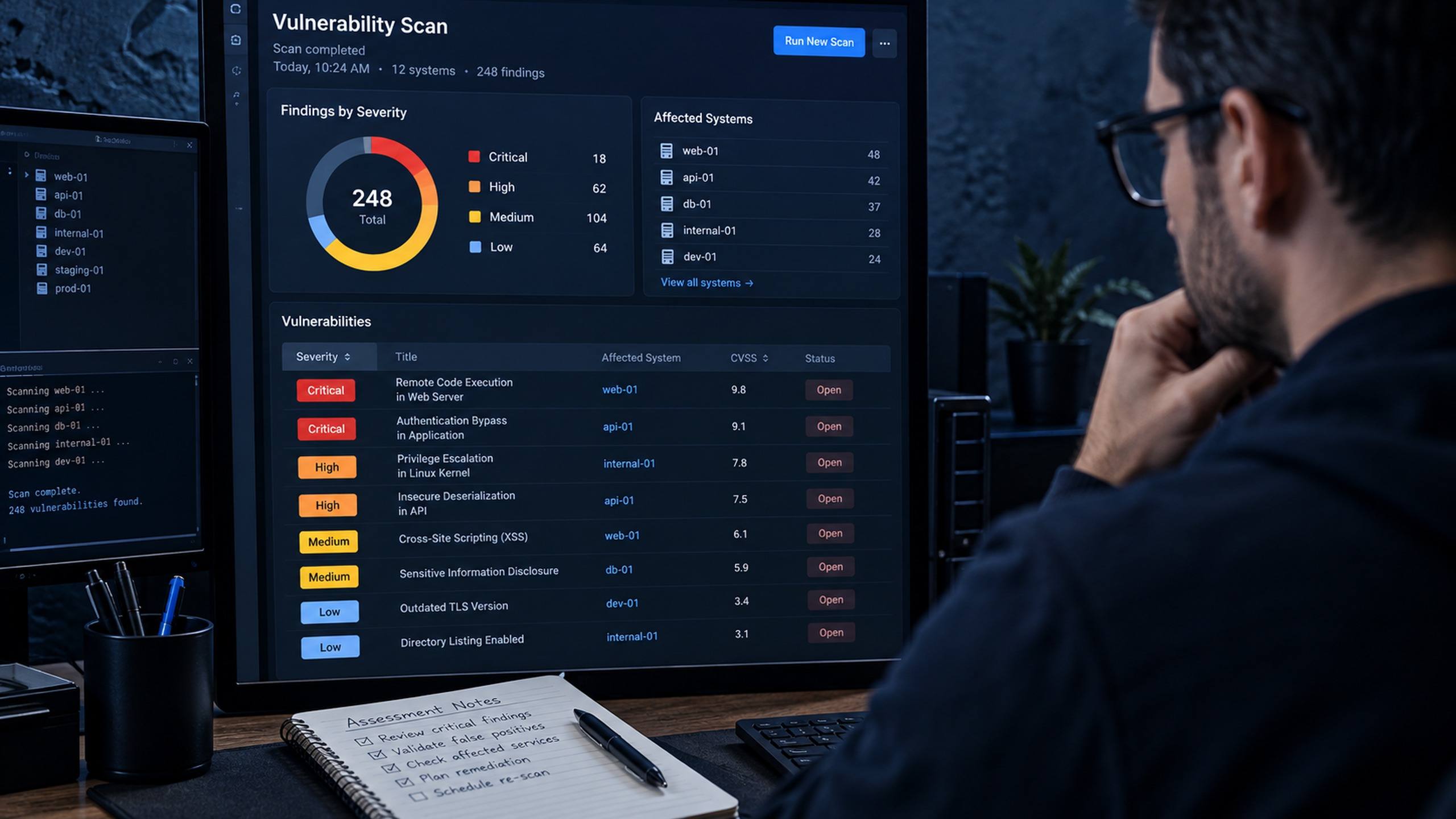 Relatório de varredura de vulnerabilidades em um monitor, com itens ordenados por severidade
