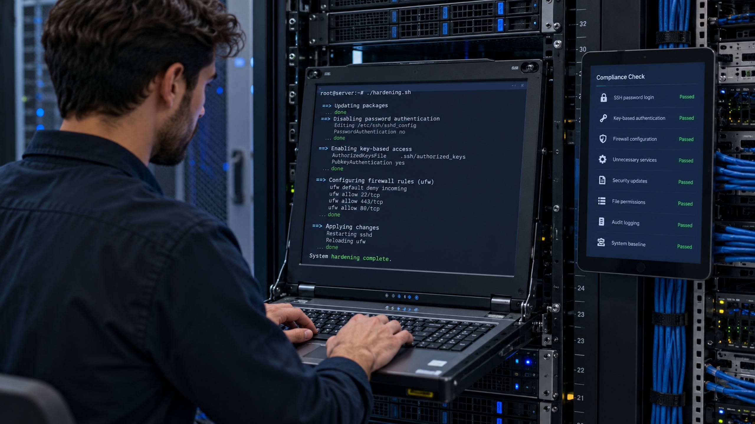 Terminal de um servidor aplicando regras de endurecimento, com firewall e controle de acesso por chave