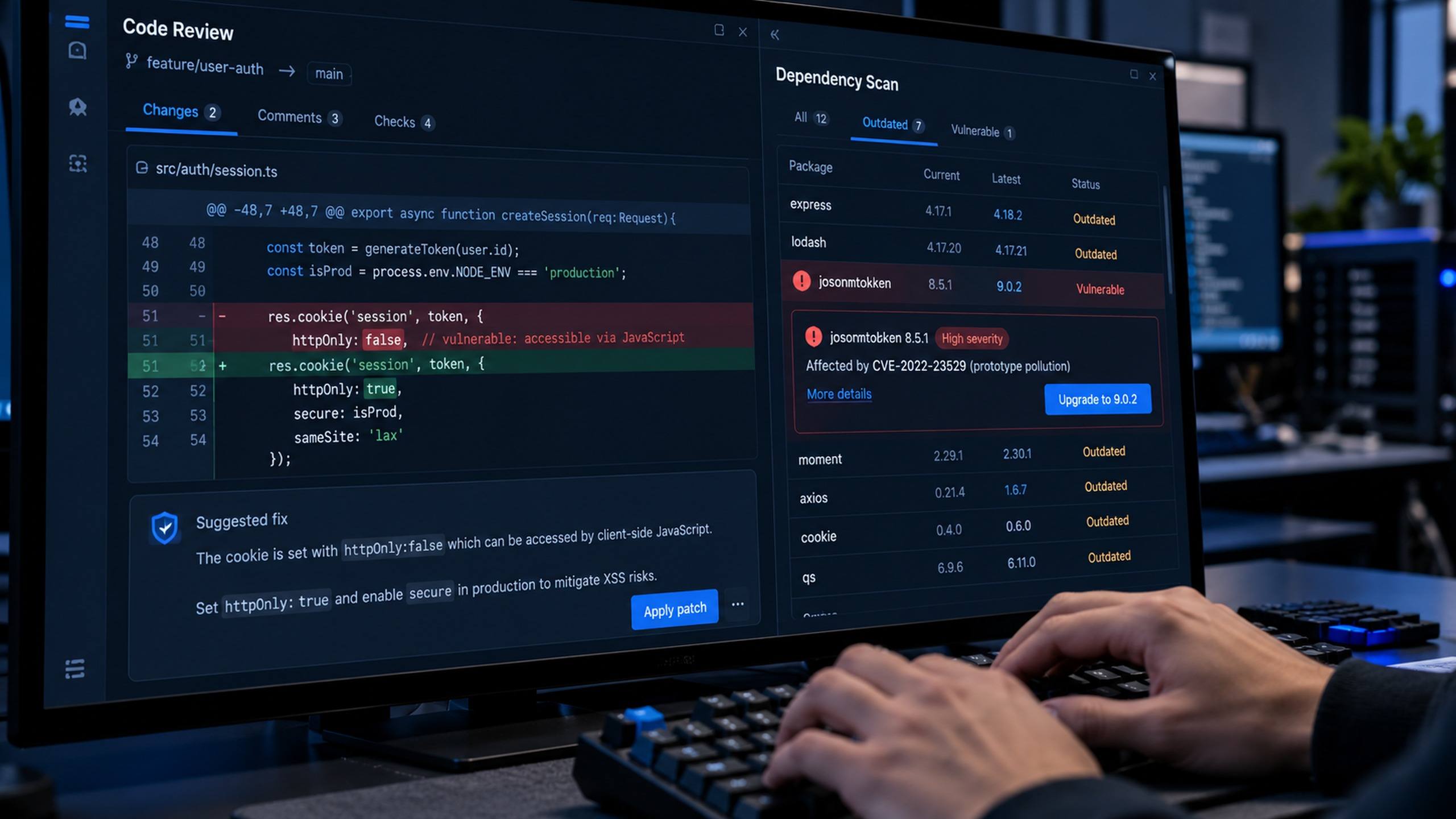 Revisão de código com alertas de dependências vulneráveis em um monitor