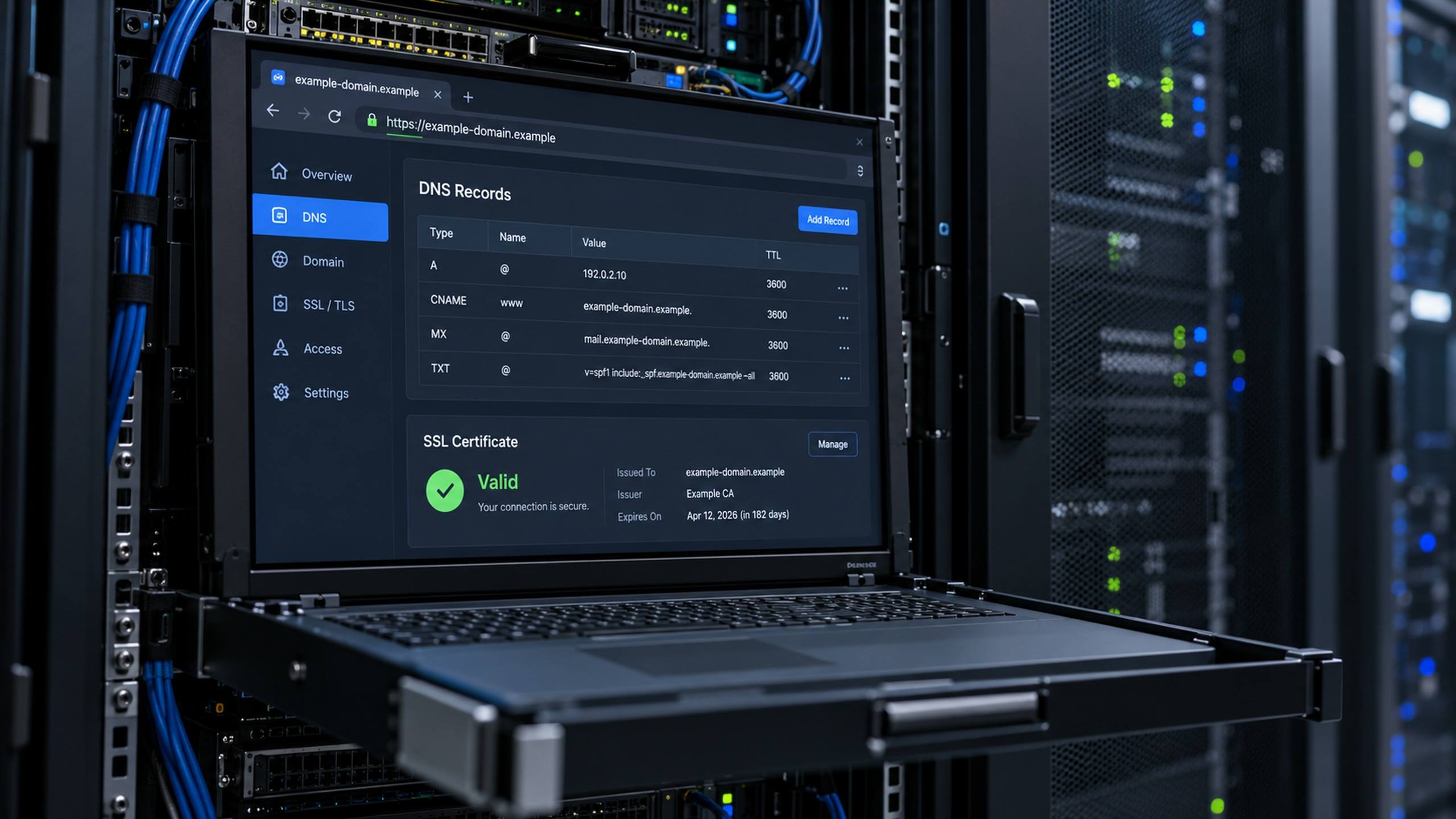 Tela de configuração de domínio, DNS e certificado SSL com cadeado de conexão segura no navegador