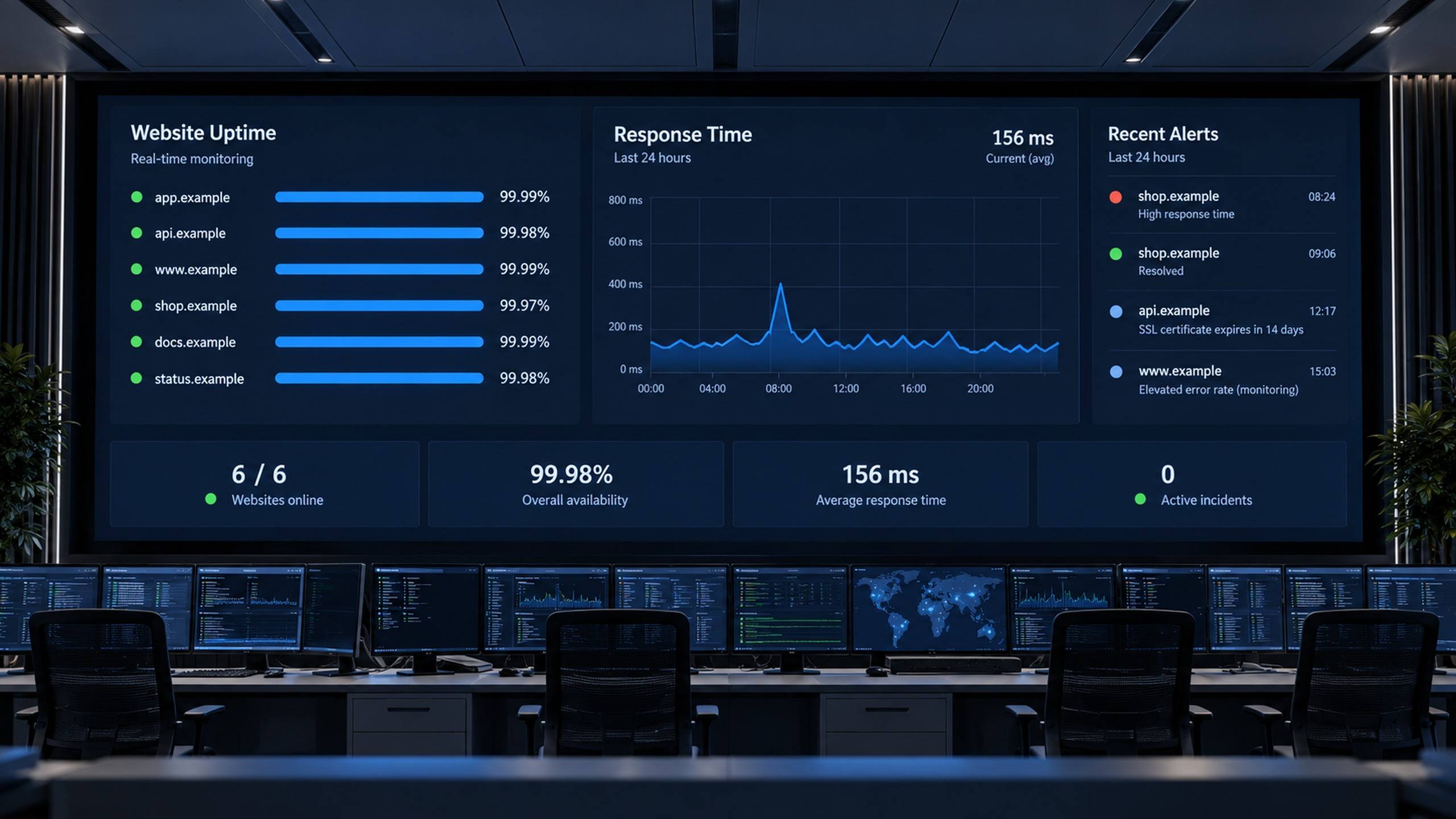 Painel de monitoramento de disponibilidade de sites com gráfico de uptime e alertas