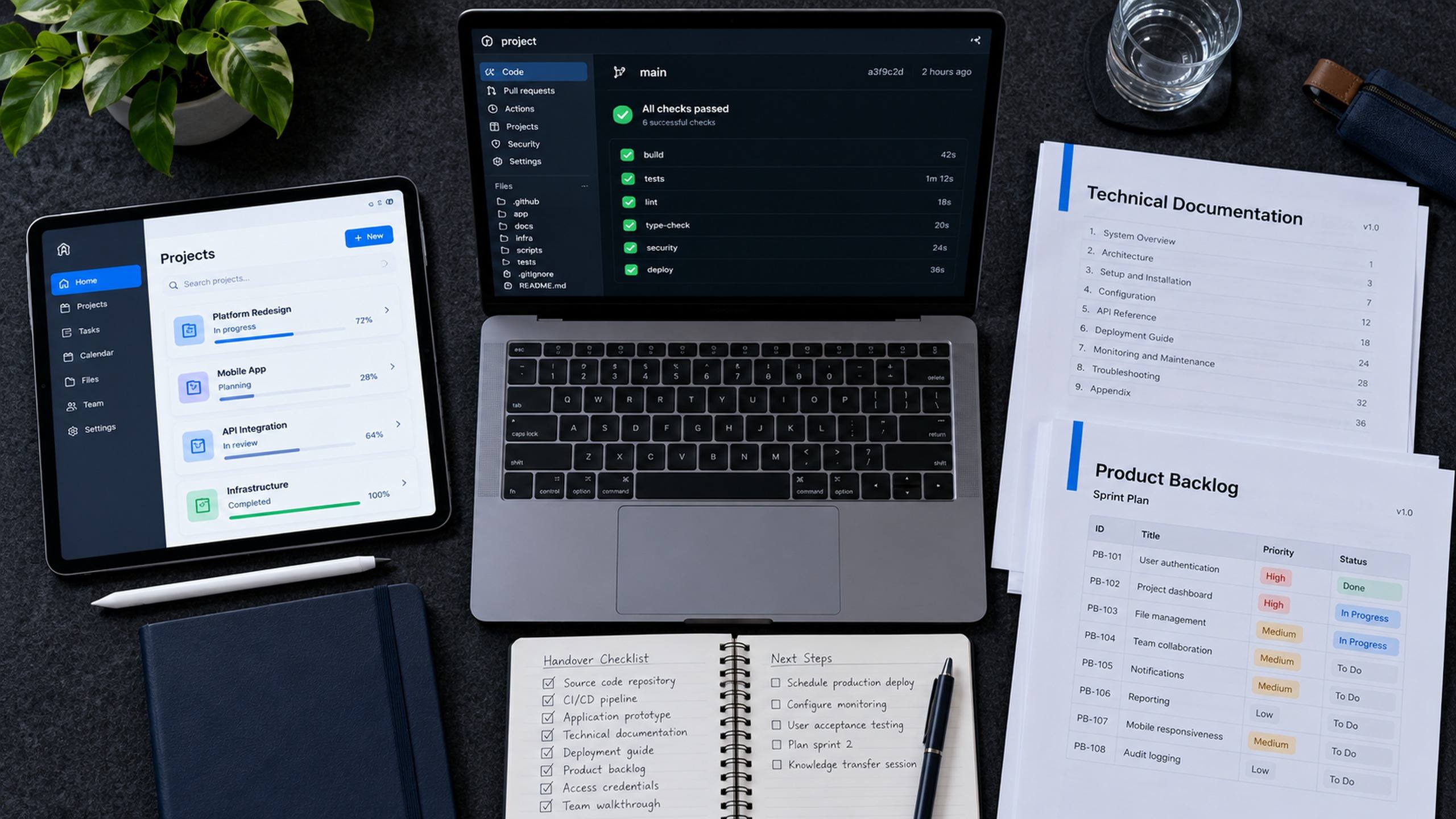 Notebook com o repositório do projeto, tablet com protótipo navegável e documentação técnica impressa sobre a mesa